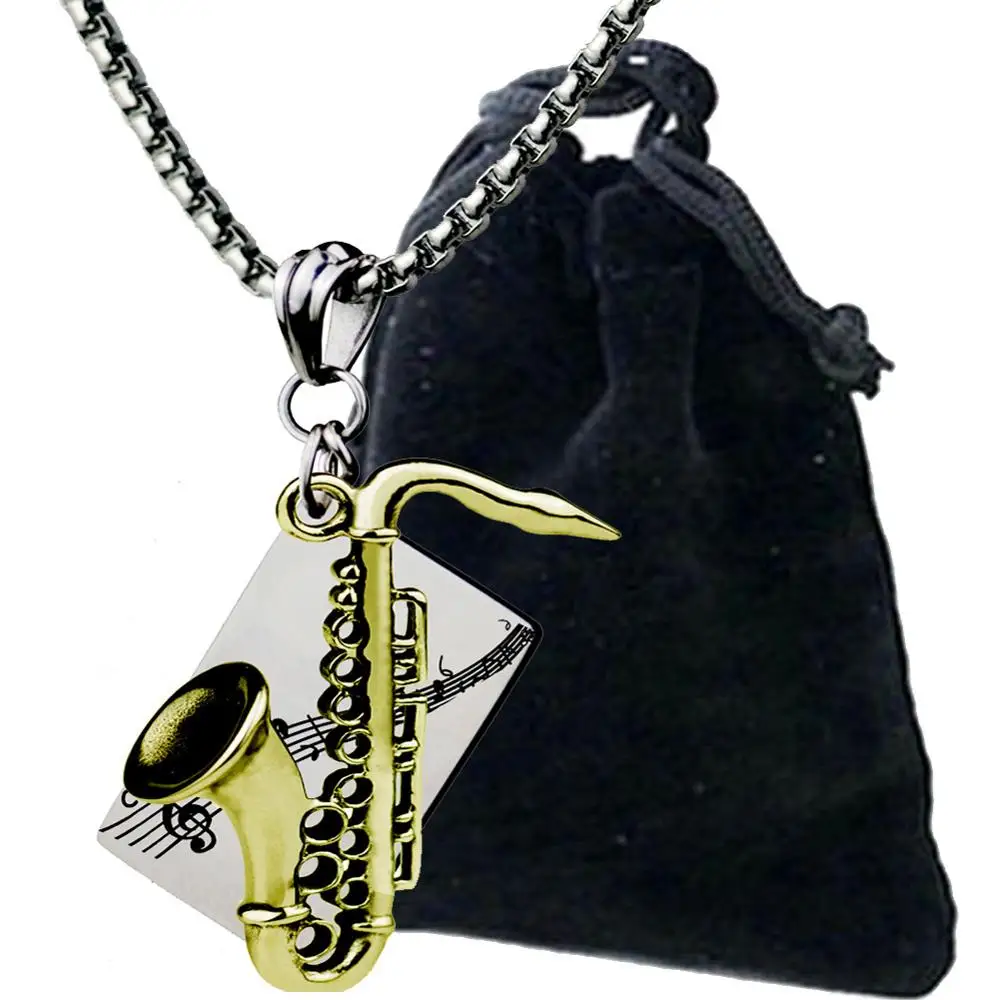 Fashion musical instrument pendant necklace stainless steel saxophone pendant necklace titanium steel jewelry