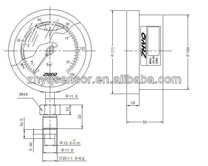 
100MPa-150MPa -M20*1.5 Bourdon Tube Homogenizer Sanitary Pressure Gauge 