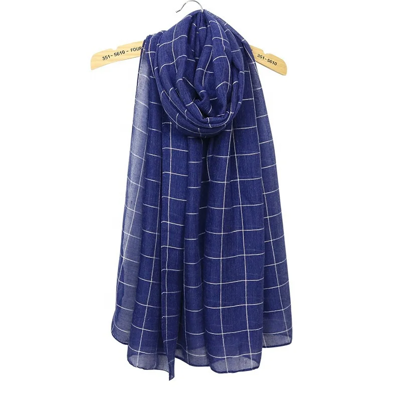 Wholesale Hot Selling Fashion Long Plain Plaid Cotton Check Scarf Women  Solid Color Shawls Ladies Soft Viscose Grid Hijab Scarf