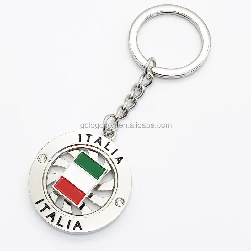 Wholesale Zinc Alloy Die Casting Turntable Novelty Key Chains Wheel Shape Italia Flag Spinner Key Rings