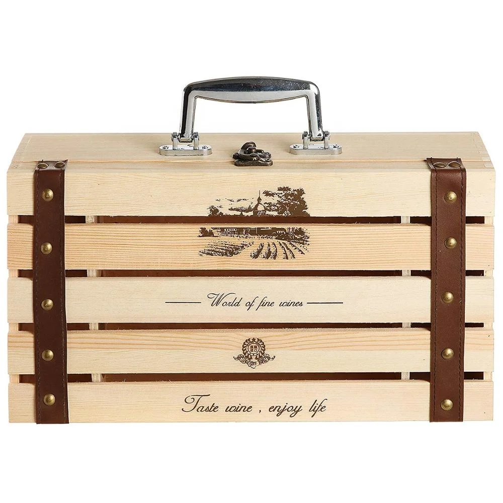 
IBEI Handmade Artisan Vineyard Design Natural Pine Wood Crate for Two red Wine Bottles Storage Gift Box Carrying Display Case 