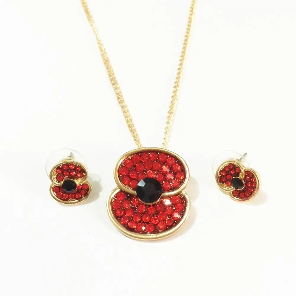2018 Fashion Jewellery Rhinestone Poppy Earring Necklace Jewelry Set Women Studded Flower Stud And Necklace Jewellery