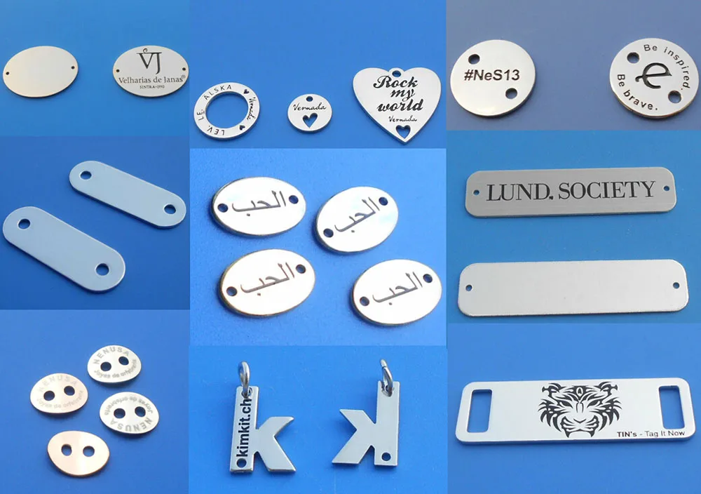 
Bend silver gold metal laser logo curving jewelry tags with two holes 