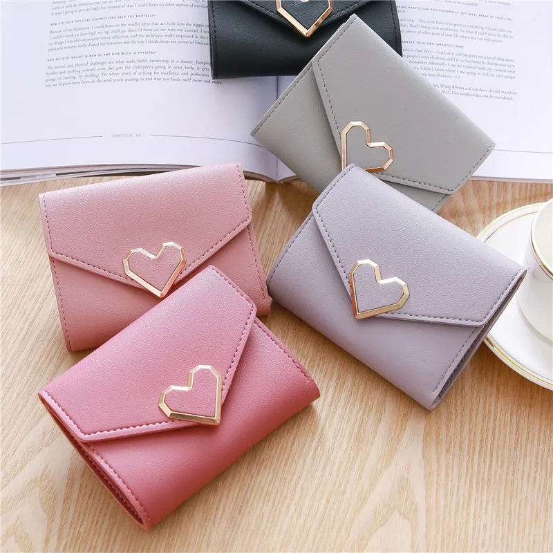 Cheap Retro Small Fresh Metal Heart-shaped short Wallet Ladies Student Purse Wallets
