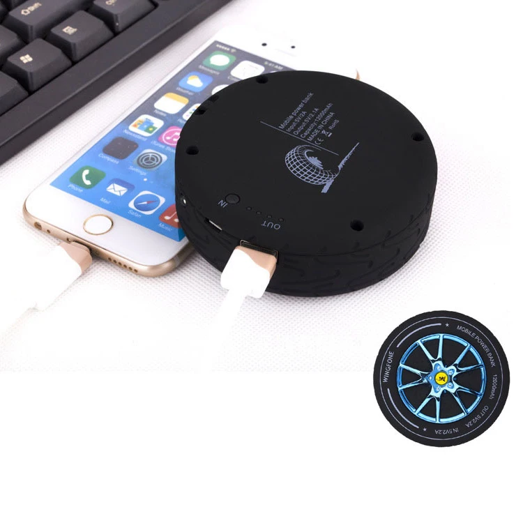 Fashion car wheel tire shaped mobile battery charger,12000mah 2A output tyre power bank for smartphone