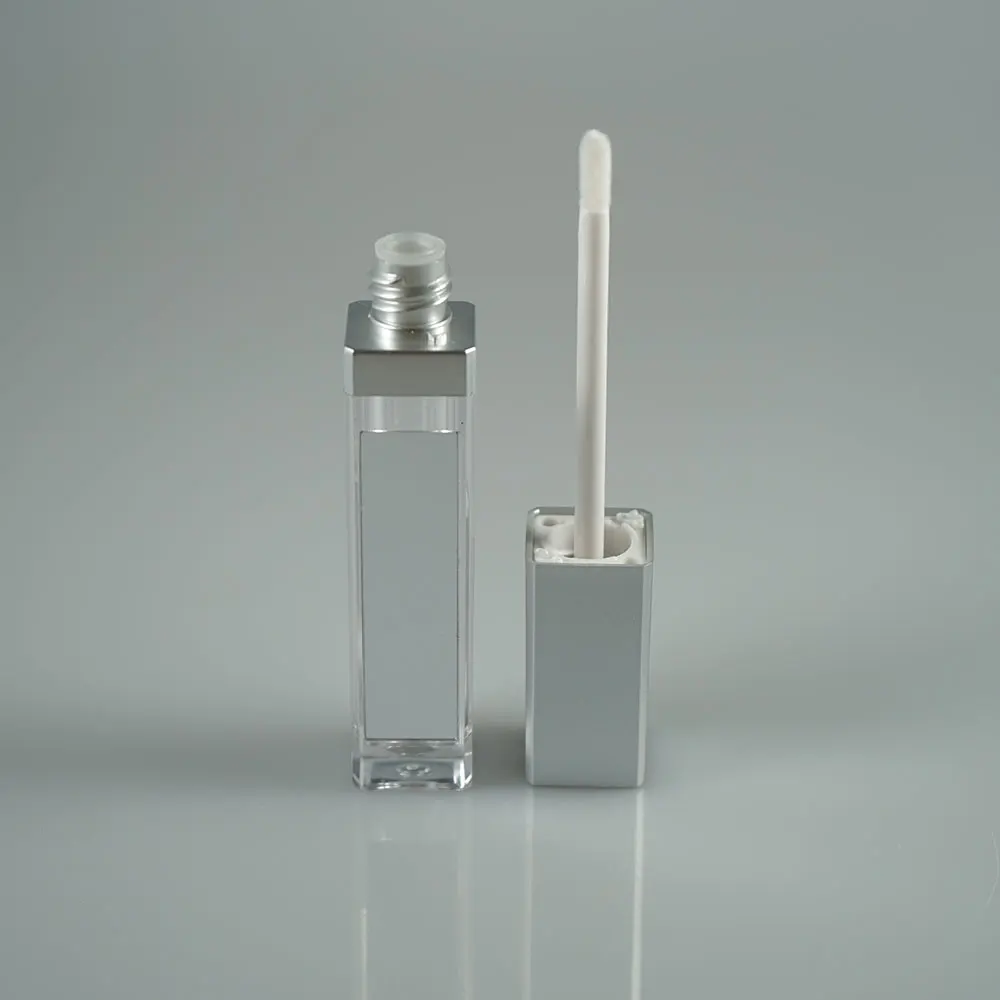 Wholesale silver square 8ml LED light lip gloss tube / black lip gloss packages with mirror