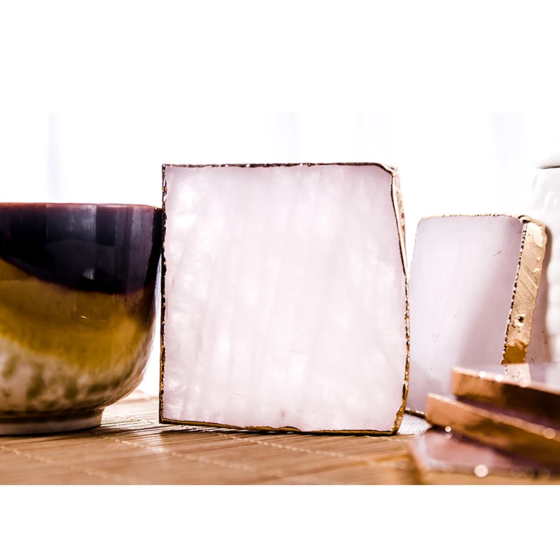 Coffee and Tea Coaster Crystal Pink Agate Coaster Gold Rim