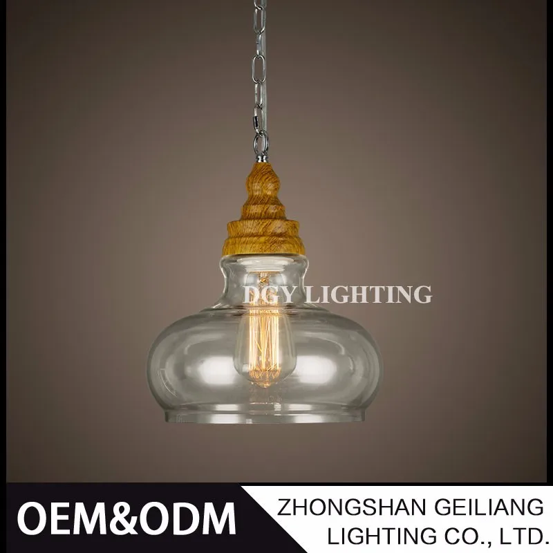 
factory wholesale living room wooden holder hanging light glass pendant lamp 