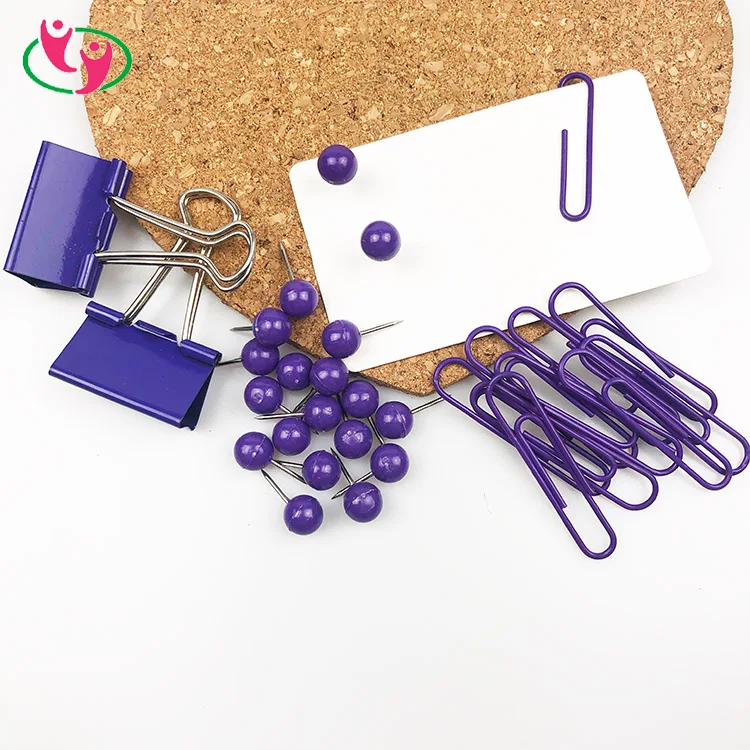 Purple Color Metal Binder Paper Clip Map Push Pin Memo Pad Stationery Set