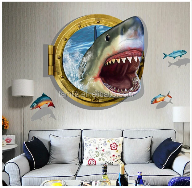 Hogift Shark Ocean View Wall Sticker 3D Porthole Window Kids Room Home Decor Art Wall Stickers Home Decor