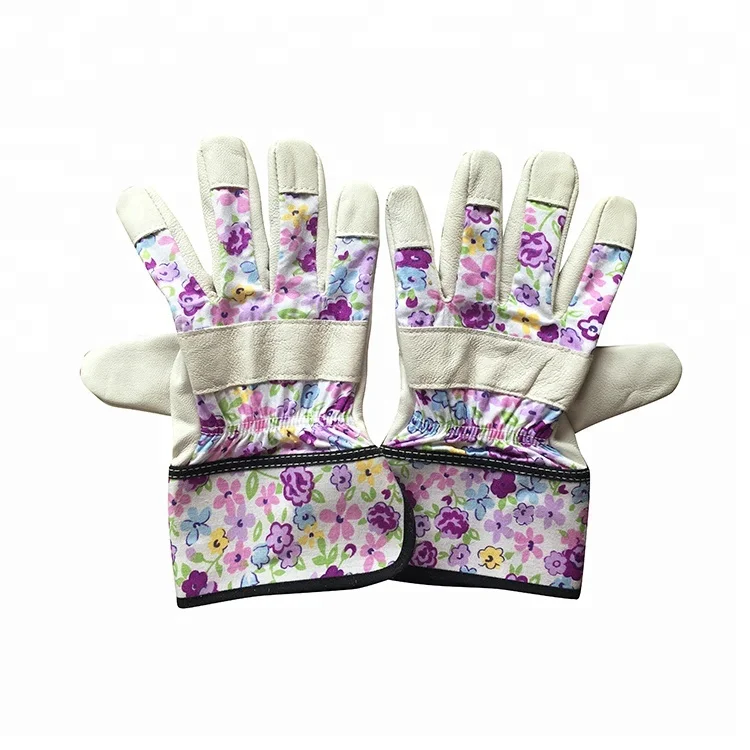 Fashion Cowhide Leather Ladies Elegant Purple Flower Print Garden Gloves