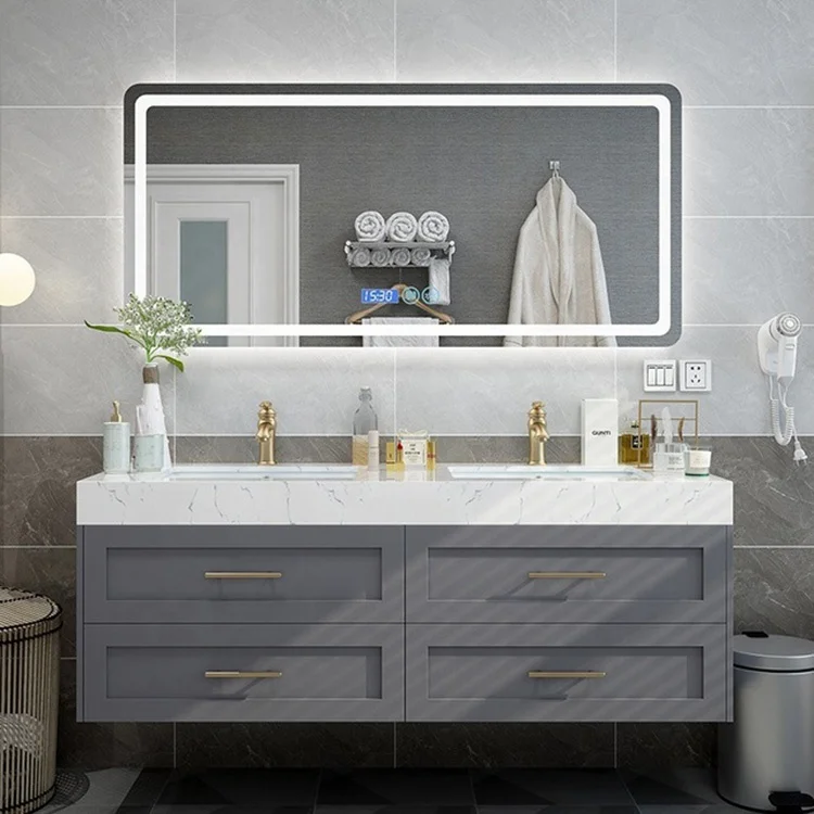  Скандинавский светло-серый коммерческий дубовый плавающий туалетный столик комбинированный настенный современный отель 2
