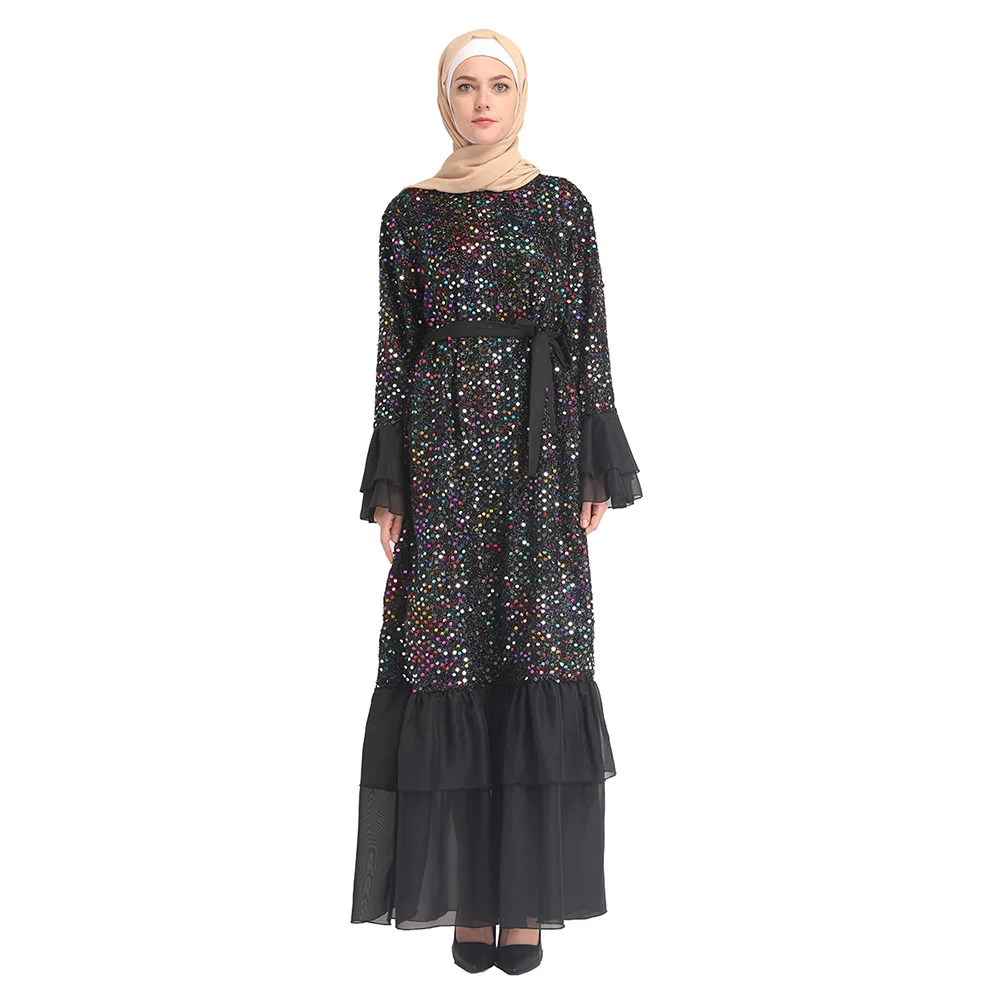 New Arrivals Eid Ramadan Dubai Muslim Women Elegant Long Sleeve Islamic Maxi Dress With sequins Abaya