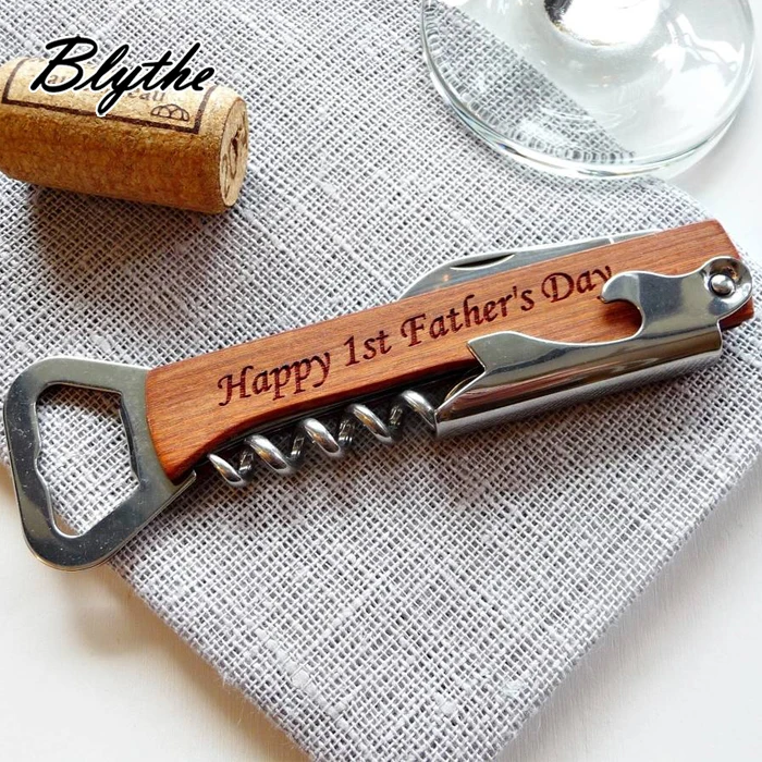 New design wood handle custom logo print metal wooden flask opener bottle opener