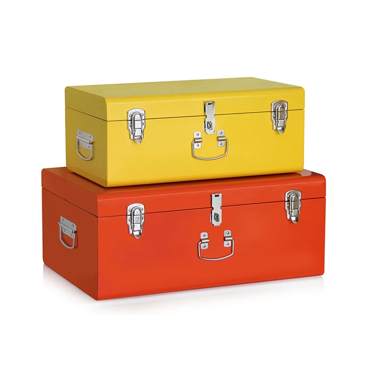 Industrial Vintage Metal Tin Trunk Box with Lock