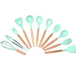 11pcs Silicone Cooking Kitchen Utensils Set, Bamboo Wooden Handles Cooking Tool BPA Free Non Toxic Silicone