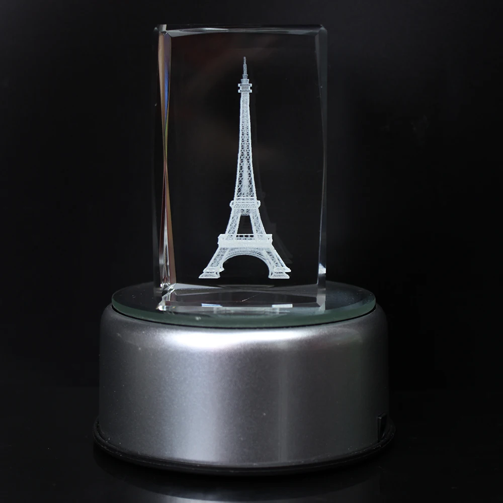 Hot Romantic Paris Eiffel Tower 3d Engraved Crystal Cube Led Night Stand Valentines Souvenir Gifts