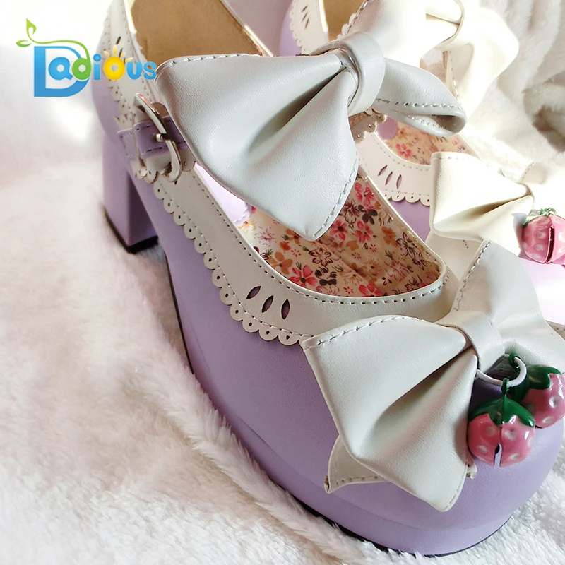 DDLG Little Girls Womens Bows Bells Buckle Lolita Shoes Cosplay Chunky Mid Heels For Ladies