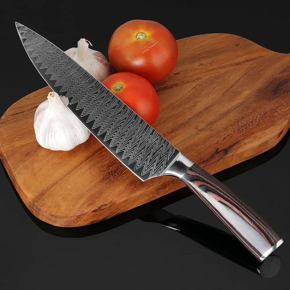 Damascus Laser Pattern Kitchen Knife Pakka Wood Handle 8 Inch Chef Knife