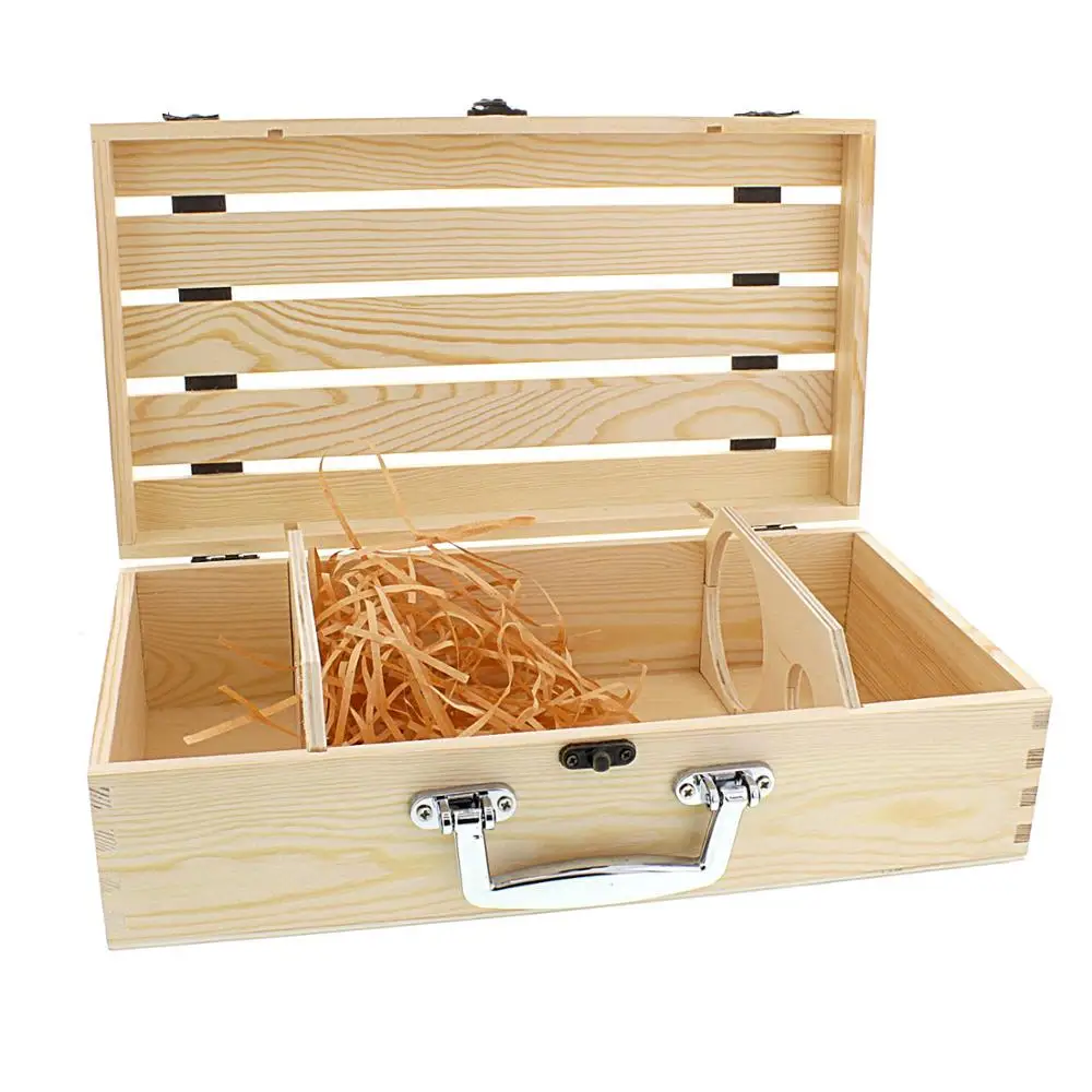 
IBEI Handmade Artisan Vineyard Design Natural Pine Wood Crate for Two red Wine Bottles Storage Gift Box Carrying Display Case 