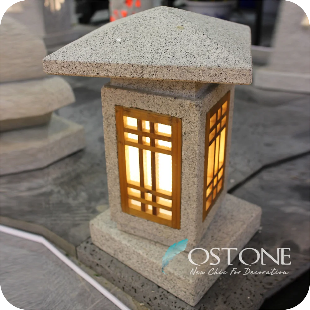 Oriental Outdoor Japanese Solar Led Carved Granite Antique Lantern