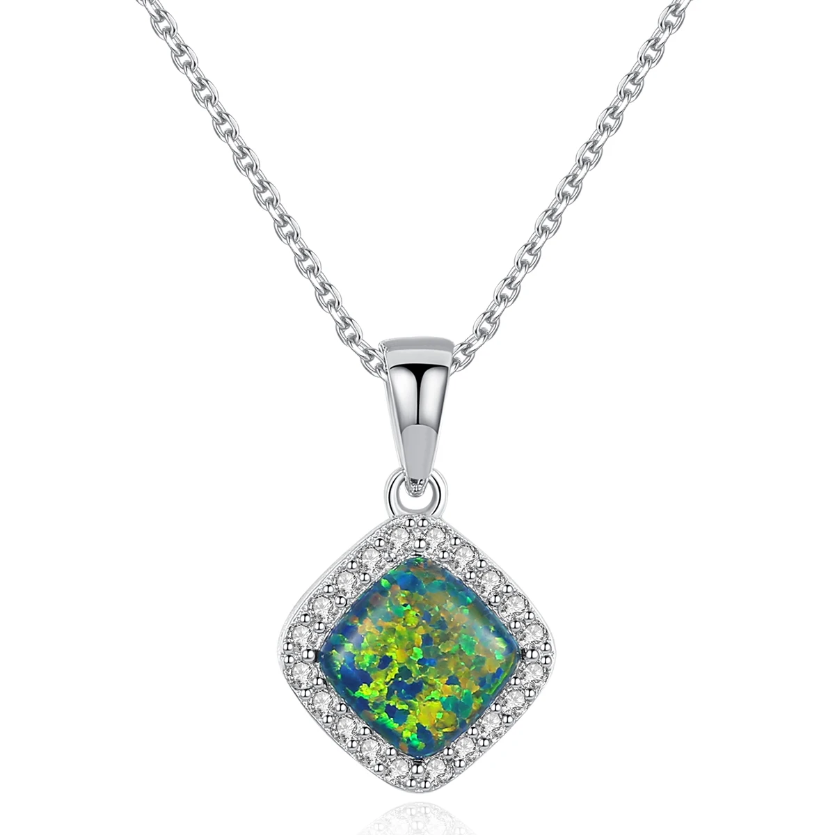 CZCITY Square Custom Diamond Chain Pendant Jewelry Dainty 925 Silver Good Quality Opal Necklace