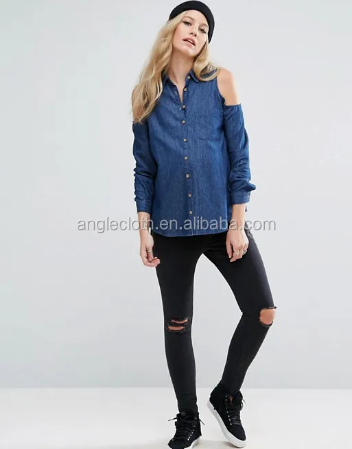 Fashion summer maternity denim cold shoulder shirt in dark blue