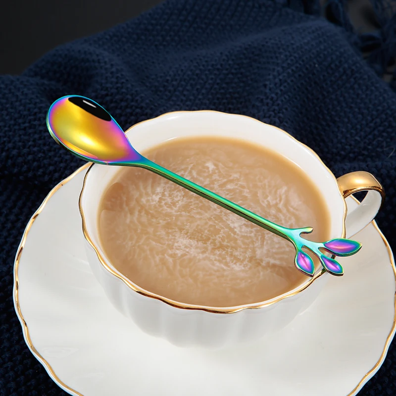 Hot Sale Stainless Steel coffee spoon fruit fork for gift  gold leaf spoon fork set