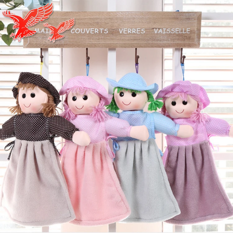 China Factory Wholesale Custom Cartoon Soft Eco-friendly Microfiber Doll Shape Coral Fleece Kids Hanging Hand Towel