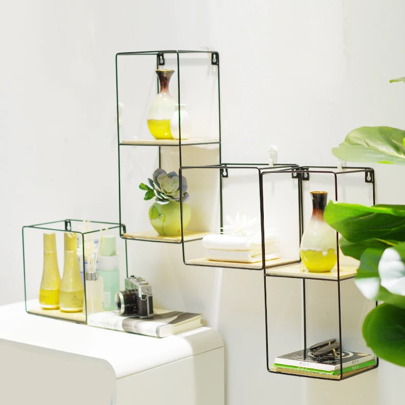 Factory direct black metal wire square wall mounted storage shelf rack with wood