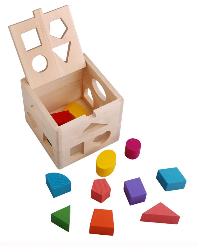 Educational wooden box toy with 13 different shape holes for kids match game
