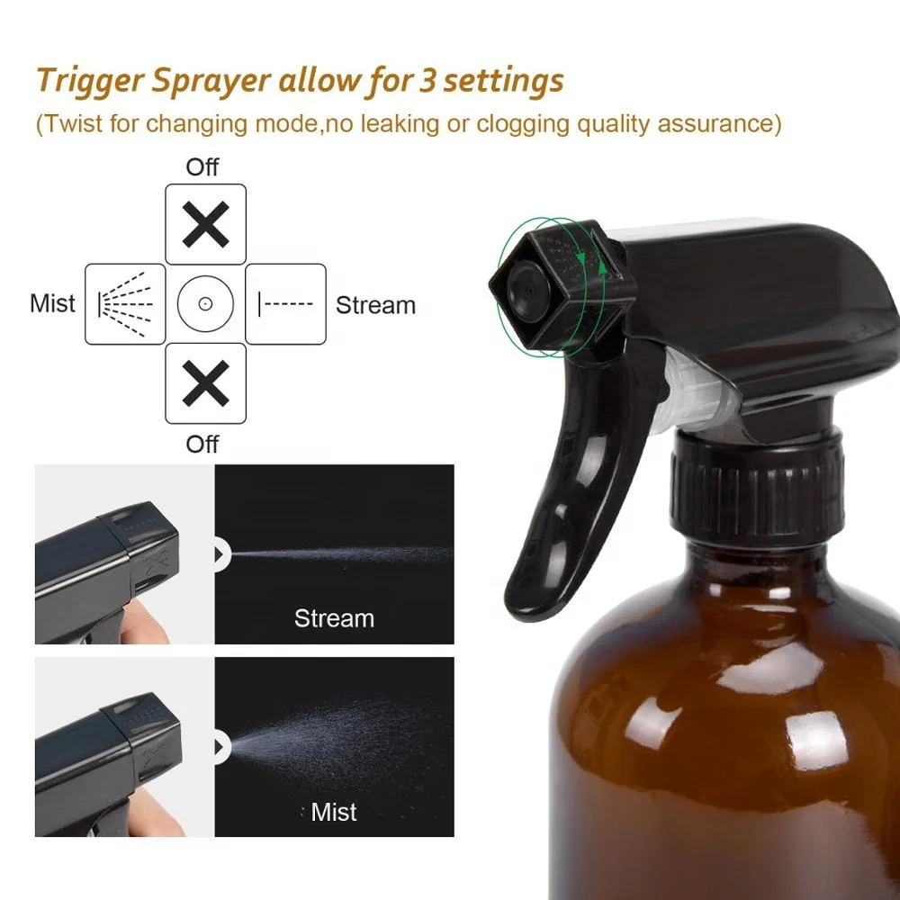 500ml 500ml 16oz Amber Glass Spray Bottles with Black Sprayer Trigger for Essential Oil Aromatherapy cleaning
