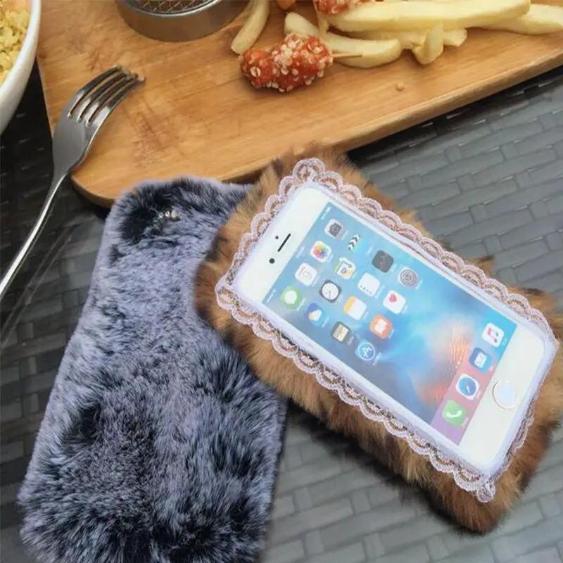Bling Diamond Luxury Soft Rex Rabbit Fur Phone Case For iphone 6 6s 6Plus 6 Plus 7 7 Plus 8 8Plus X Cute Fuzzy TPU Back Cove