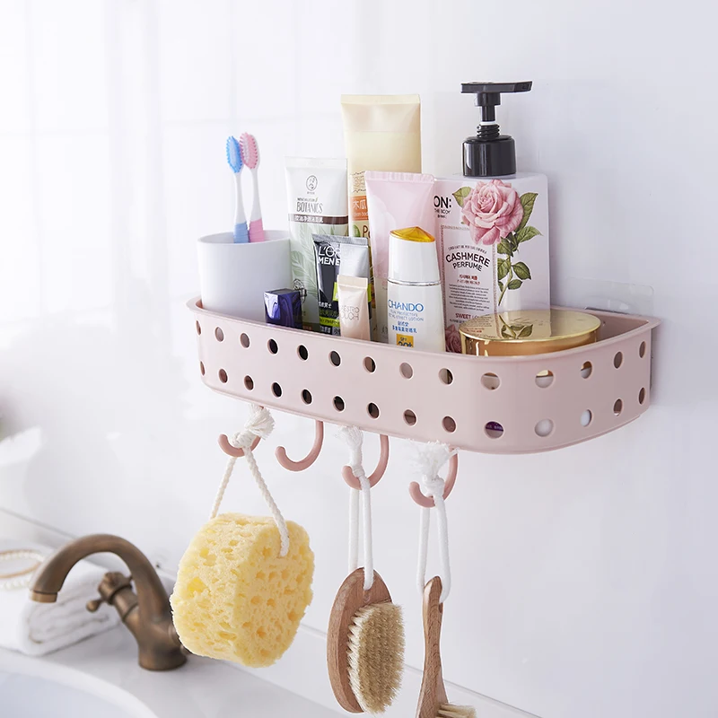 Adhesive Wall Mounted kitchen bathroom sundries storage Plastic hanging shelf