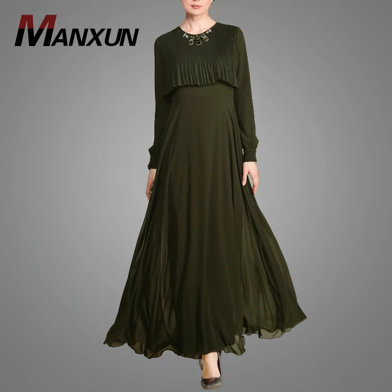 Model Style Islamic Clothing Arm Green And Ruffle Muslim Burka Long Sleeves Maxi Dress Latest Design of Pictures For Women