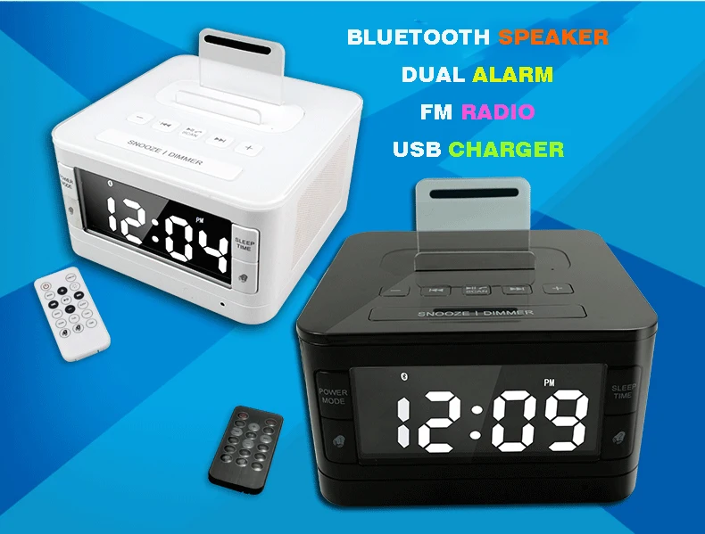
LCD Speaker with Wireless speaker and Dual Alarm Clock and FM Radio & USB Charger and LCD time display 