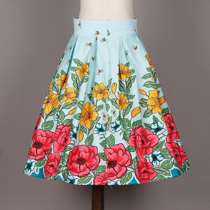 Womens Clothing Mini Skirt Vintage Rockabilly 50s Casual Party Short Floral Print Swing Skirts Young Girl 6 Styles S-XXL ED3510