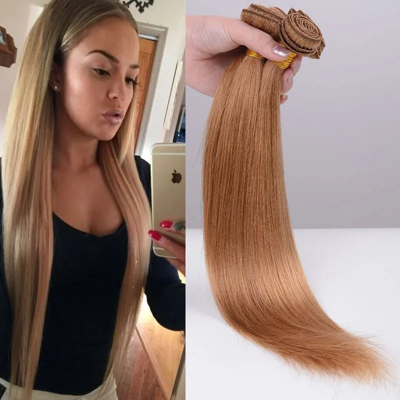 
8A Straight Wave #27 Color Brazilian Human Hair Bundles 100g/bundle 3 bundles/lot Honey Blonde Color Human Hair Extensions 