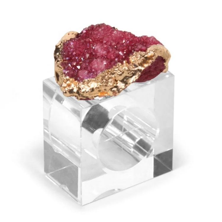 Hot Sale Fashionable Luxury Restaurant Wedding Table Plastic Napkin Holder Acrylic Geode Slice Crystal Agate Stone Napkin Ring