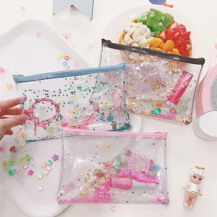 Light Pink Stars Transparent Wallet Clear Zipper Cosmetic Bag PVC Purse Organizer Bag Glitter Bag