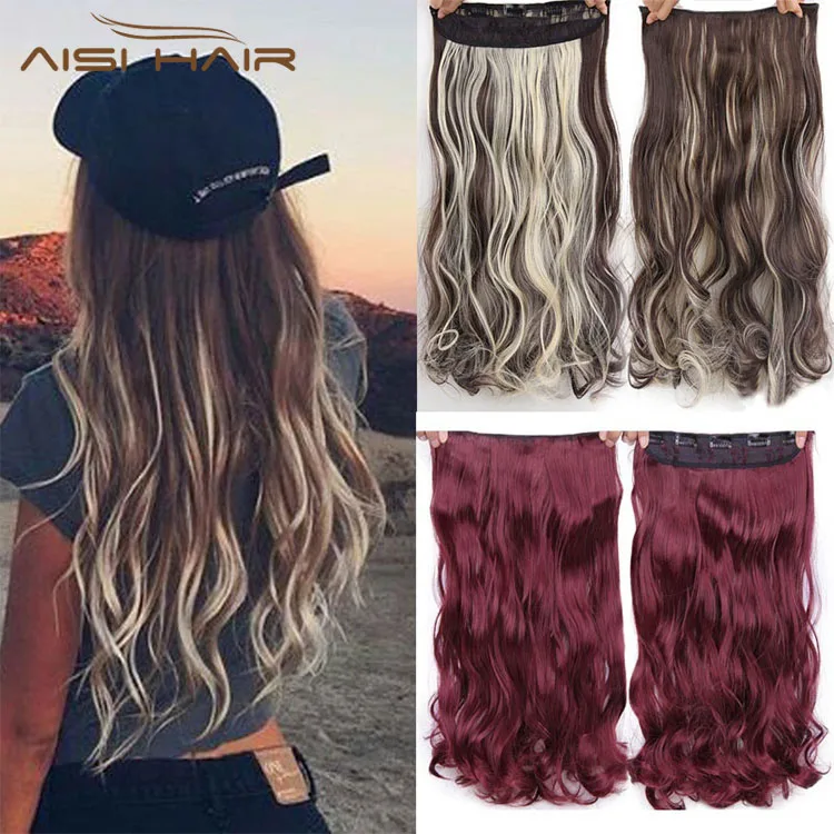 Aisi Hair Cheap 24 Inch Heat Resistant Synthetic Long Curly Wavy 5 Clip in Hair Extensions Long Wave Hairpieces for Women