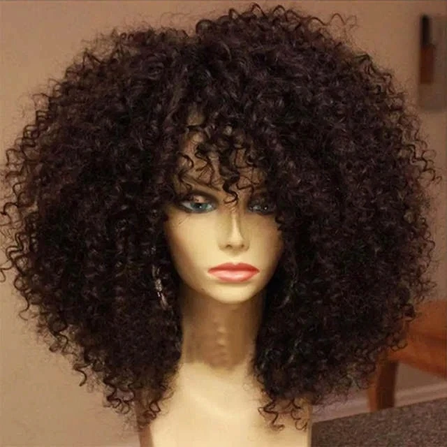 Brazilian unprocessed virgin hair full afro kinky curly Front lace wig with bang 100 human hair wig for African american