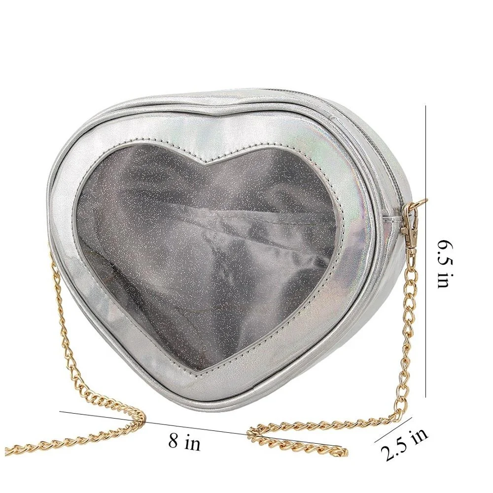 custom pins display Women Hologram Pu Leather Heart Shape Clutch Chains Purse ita Handbag Crossbody bag
