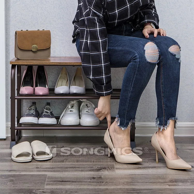 SONGMICS Vintage Shoe Bench Rack, 3-Tier Shoe Storage Shelf for Entryway Hallway, Wood Look Accent Furniture entrance hall bench
