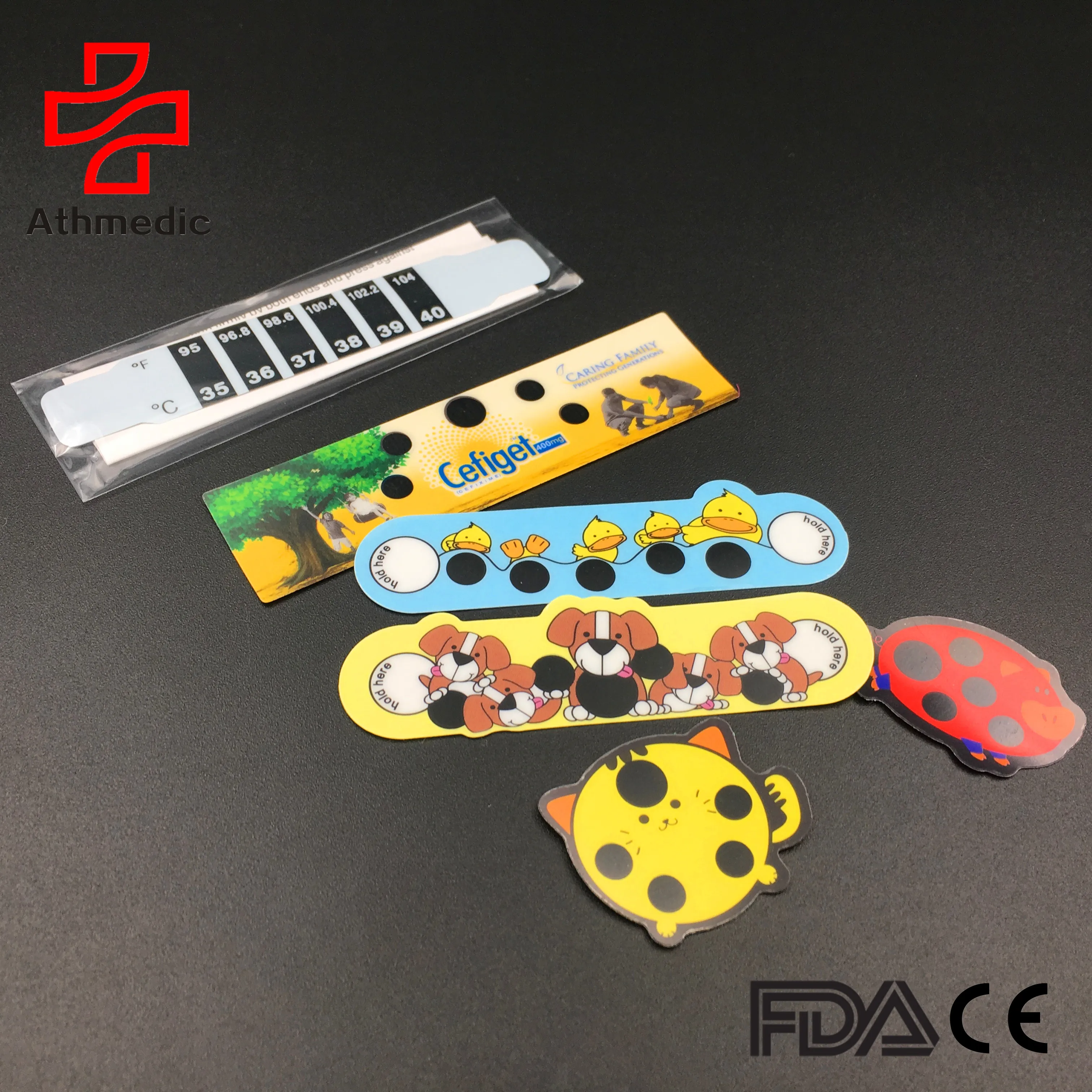 2023 Athmedic LCD promotional premiums nursery cartoon LCD thermometer strip Kids Forehead Strip Heat Sensitive Stickers