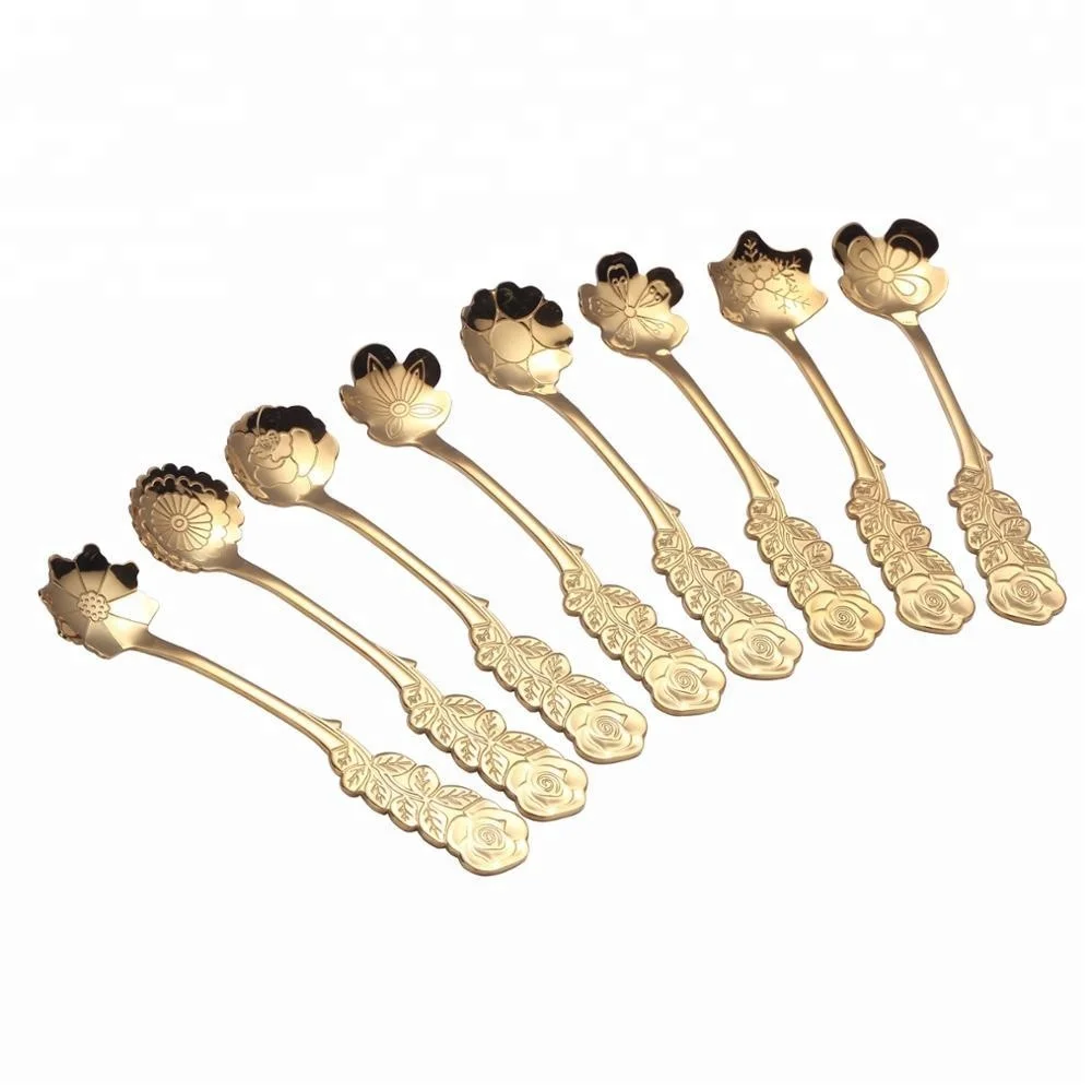 Long Handle Flowers Shaped Stirring Spoon Stainless Steel Gold Plated Coffee Spoon with Flower Shape