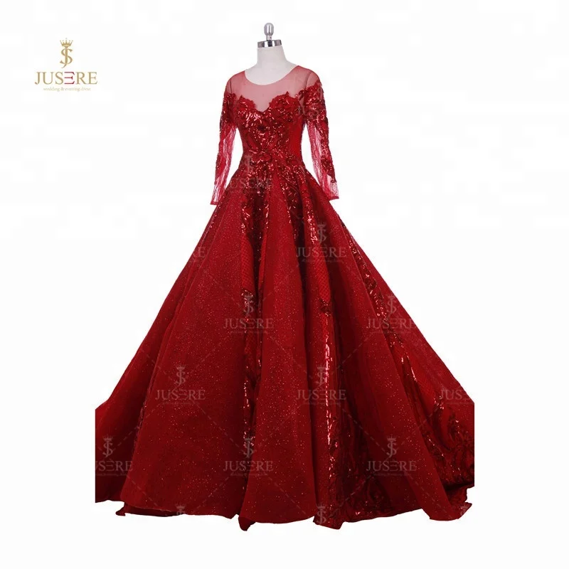 French Luxury Red Beaded Blingbling Long Sleeve muslin Evening Dress