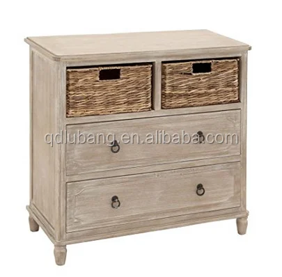 Wicker Basket Drawers Solid Wood Storage Cabinet