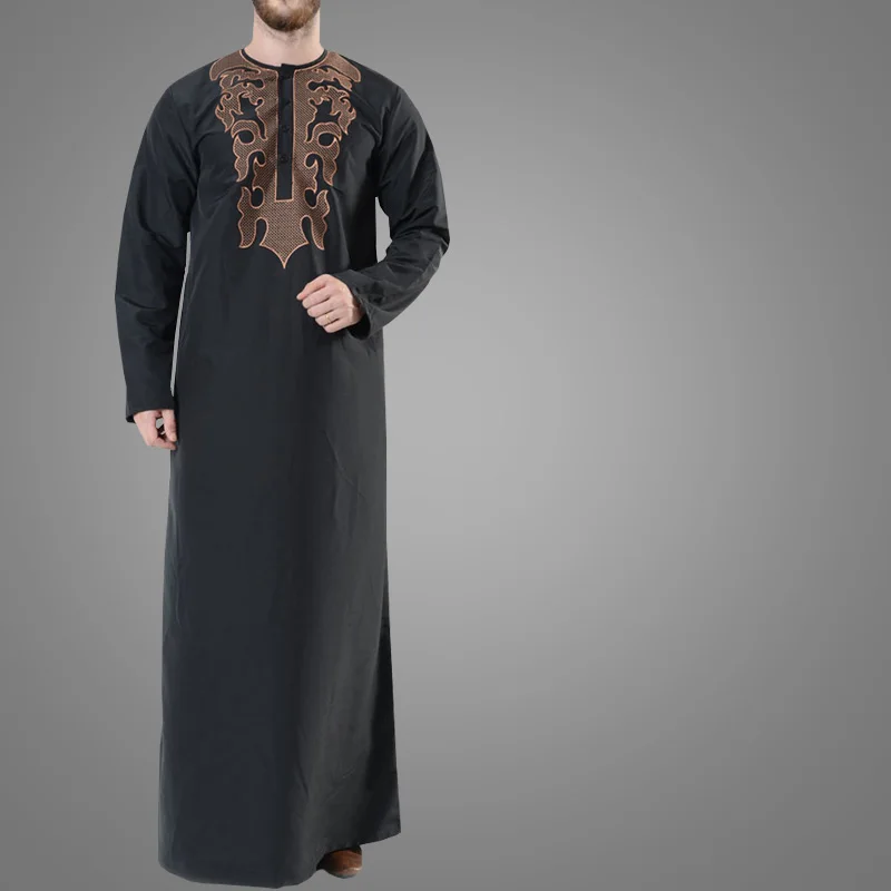 
Hot Sell Cotton Men Thobe Turkey Islamic Clothing Baju Kaftan Hand Embroidery Muslim Men Abaya Dolman Jilbab Black Arabic Jubba 