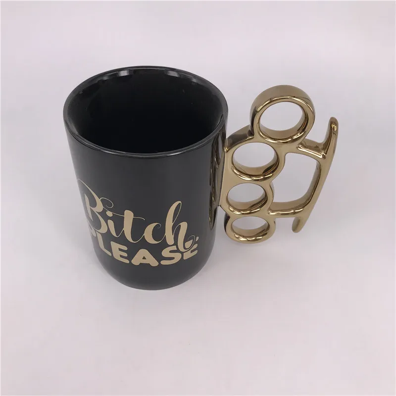 BSCI factory Custom 16oz black cup ceramic mug with nuckle shape handle